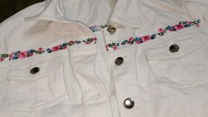 White Denim Jacket with Floral Trim