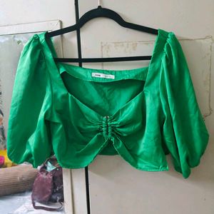 Green Satin Cropped Puff Sleeve Top