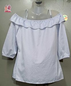 Cute Doll Collar Off-Shoulder Blue Striped Top