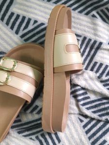 Stylish Beige Slides with Gold Buckles