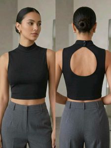 Sleek Black Cut-Out Mock Neck Crop Top
