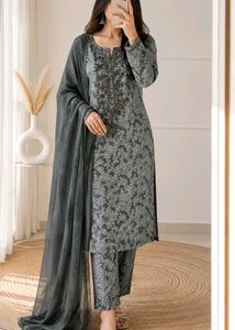 Grey Floral dress material Set with Dupatt