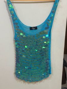 y2k sparkly crochet blue top