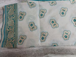 Elegant White Saree with Teal Border wit