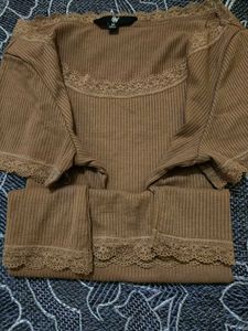 Brown Korean Lace Trim Ribbed Top