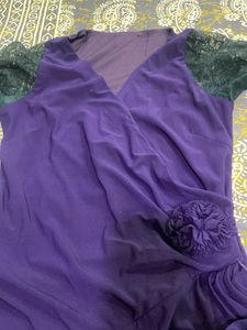 Elegant Purple Gown with Black Lace Sleeves