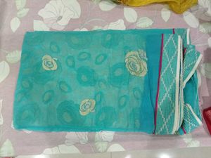 Beautiful Teal Saree with Floral Print