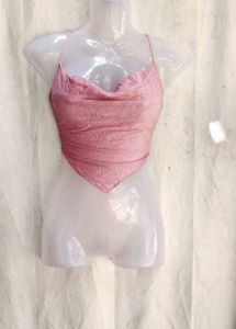 I. Sparkly Pink Cowl Neck Halter Top