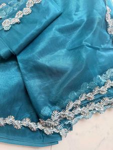 Teal Organza Saree with Sequence border Unused