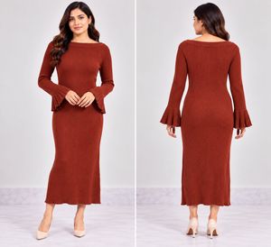 Elegant Ribbed Flare Sleeve Midi Dress