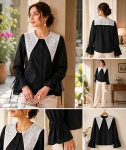 Korean Style Elegant Black Lace Collar Shirt