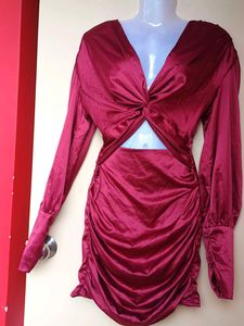 Maroon Satin Twist Front Cutout Dress