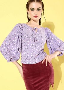 Purple Printed Balloon Sleeve Top