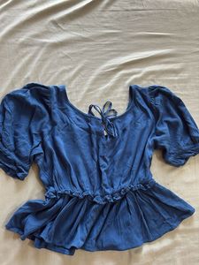 Blue Peplum Puff Sleeve Top
