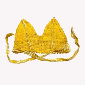 Yellow Crochet Crop Top with Tie Back