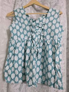 Teal &amp; White Block Print Kurta Set