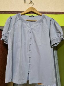 Stylish Grey Button-Up Puff Sleeve Top