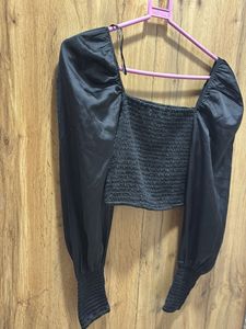 Black Smocked Square Neck Top