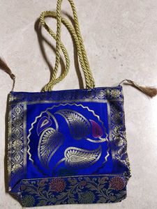 Elegant Blue Brocade Tote Bag