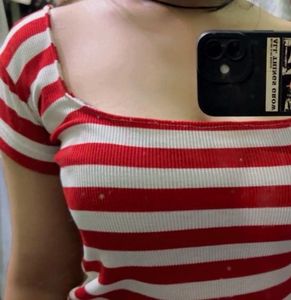 Red & White Striped Lace Top