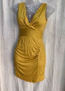 I. Mustard Yellow Ruched V-Neck Dress