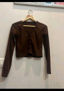 retro Brown Ribbed V-Neck full sleeve crop Top