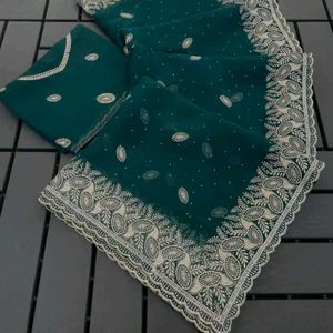 Elegant Teal Embroidered Saree