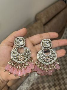 emerald pink Kundan earrings