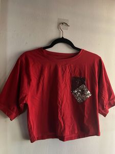 Red Cropped T-Shirt with Sequins