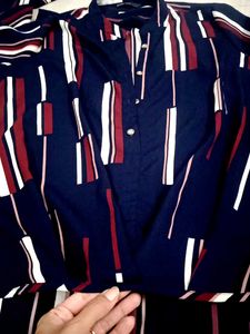 Navy/ Multicolour Mandarin Collar High -low Top