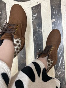 Brown Ankle Boots with Leopard Detail