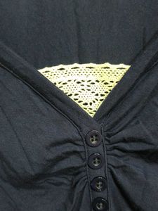 Navy Blue V-Neck Lace Trim Top