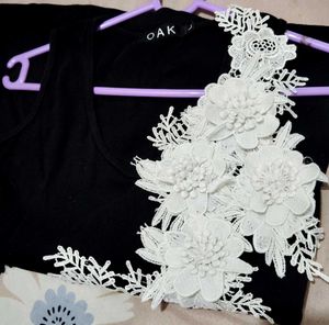 Black Lace Flower Applique Top