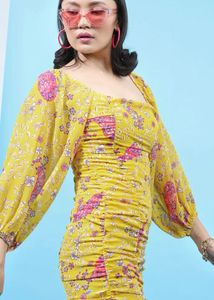 Chic Yellow Floral Ruched Mini Dress