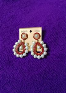 Brand New Red Stones With White Pearl Studded Earr
