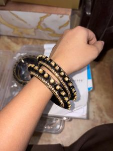 Onyx Black & Gold Pearl-Bead Kada Pair