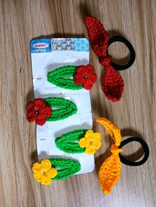 Handmade Crochet Hair Clips &amp; Scrunchies Set