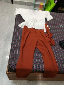 Chic White Top & Rust Pants Set