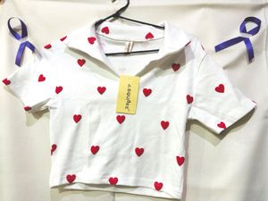 White Heart Print Crop Top for Women