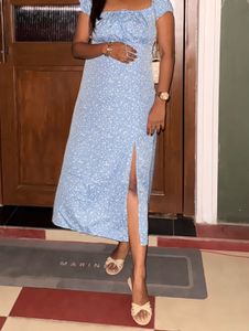 Light Blue Floral Print Midi Dress with Slit