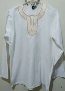 Cibuka Unisex White Kurti Tunic Gold Embroidery