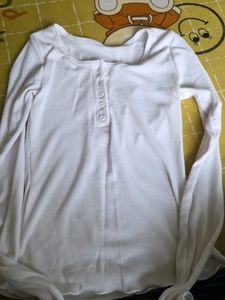 White Ribbed Henley Long Sleeve Top