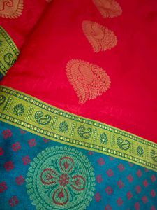 Vibrant Red Saree with Teal Border