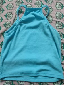 Blue Ribbed Halter Neck Crop Top