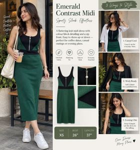 Emerald Green & Black Contrast Midi Dress