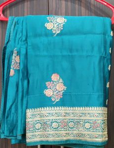 Teal Embroidered Silk Saree
