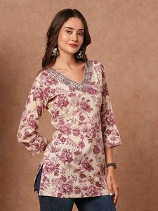 Floral Print Kurta with Embellished Neckline