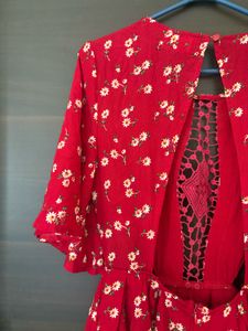 Red Floral Crochet Cut-Out Mini Romper Dress