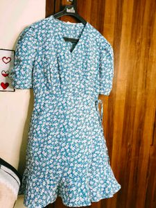 Cute Blue Floral Wrap Dress