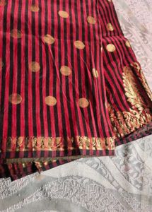 Elegant Red &amp; Black Striped Saree with Gold Motifs